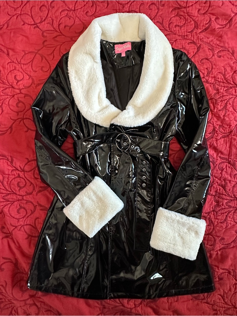 Sugar Thrillz Black Patent Faux Fur Trim Trench Coat